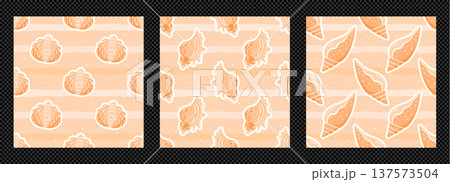 Shell Seamless Pattern set of cute sea and seashell summer designs, girly and coastal with gingham, marine pastel, and plaid beach themes. Ocean vector background illustration. 137573504