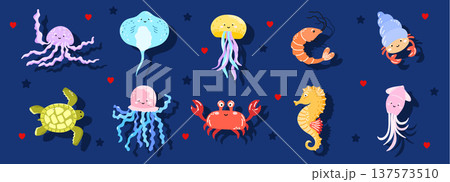 Fish stingray octopus for kawaii cute jellyfish and shrimp crab seahorse. Squid turtle crustacean for children underwater aquarium and reef sea clipart. Fish animal fauna for kawaii ocean Fish stingray octopus for kawaii cute jellyfish and shrimp crab seahorse. Squid turtle crustacean for children underwater aquarium and reef sea clipart. Fish animal fauna for kawaii ocean 137573510