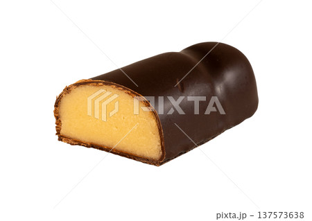 Chocolate candy marzipan cross section, nougat marzipan filling, confectionery macro detail 137573638