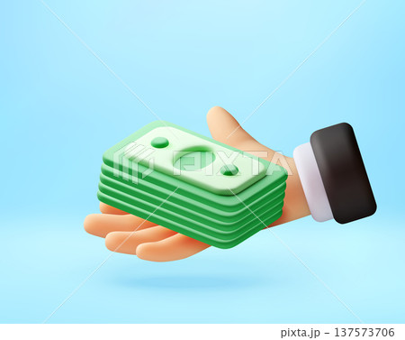 3D Hand holding stack of green paper money. 137573706