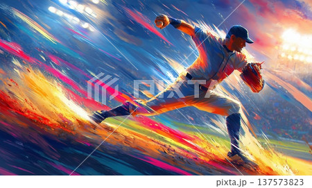 爆発的な投球動作で投げ込む野球ピッチャーの躍動シーン 137573823