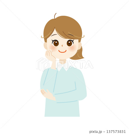 頬杖をついて笑顔の女性のイラスト　リラックス・思案中05 137573831