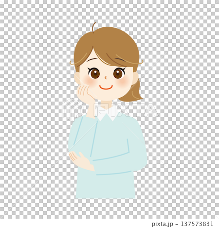 頬杖をついて笑顔の女性のイラスト　リラックス・思案中05 137573831
