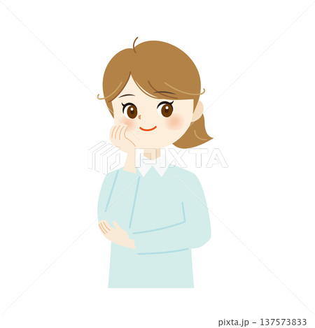 頬杖をついて笑顔の女性のイラスト　リラックス・思案中10 137573833