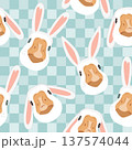 Seamless pattern with cute goose wearing Easter bunny ears on blue checkered background. Vector illustration. 137574044