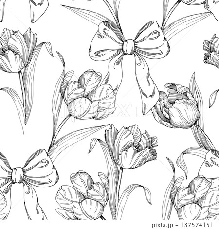 Seamless pattern of tulips and bows. Handmade ink vector illustration of tulip. For design of cards, cover, prints, product labels and fabric. Seamless pattern of tulips and bows. Handmade ink vector illustration of tulip. For design of cards, cover, prints, product labels and fabric. 137574151