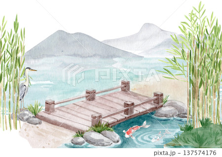 Asian garden landscape with koi pond, wooden bridge, bamboo, heron and calm mountain lake. Peaceful zen nature scene inspired by East Asian gardens, meditation, wellness and watercolor illustration 137574176