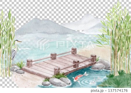 Asian garden landscape with koi pond, wooden bridge, bamboo, heron and calm mountain lake. Peaceful zen nature scene inspired by East Asian gardens, meditation, wellness and watercolor illustration 137574176