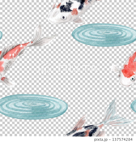 Koi fish seamless pattern with water ripples, Asian zen pond on white background. Hand painted watercolor oriental illustration for textile, wallpaper, fabric, wrapping paper and stationery design 137574284
