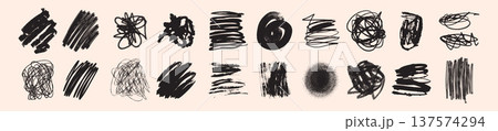 Hand drawn crayon scribble set, vector brush stroke texture print, doodle artistic decoration blob. Hand drawn crayon scribble set, vector brush stroke texture print, doodle artistic decoration blob. 137574294