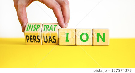 Persuasion or inspiration symbol. Concept words Persuasion and Inspiration on wooden cubes. Beautiful white background. Psychologist hand. Psychology persuasion inspiration concept. Copy space. Persuasion or inspiration symbol. Concept words Persuasion and Inspiration on wooden cubes. Beautiful white background. Psychologist hand. Psychology persuasion inspiration concept. Copy space. 137574375