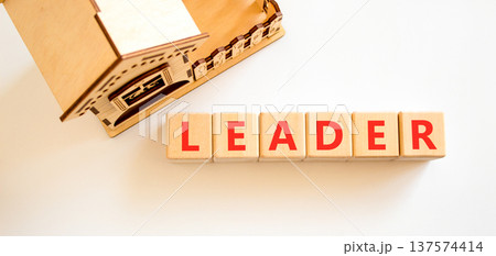 Leadership and leader symbol. Concept word Leader on beautiful wooden blocks. Beautiful white background. Beautiful wooden model of house. Business leader and leadership concept. Copy space. Leadership and leader symbol. Concept word Leader on beautiful wooden blocks. Beautiful white background. Beautiful wooden model of house. Business leader and leadership concept. Copy space. 137574414