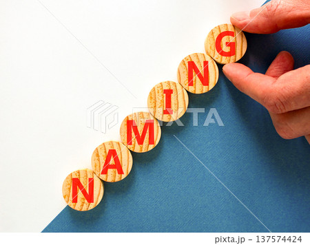 Naming or name symbol. Concept word Naming on beautiful wooden circles. Beautiful blue and white background. Businessman's hand. Business naming or name concept. Copy space. 137574424