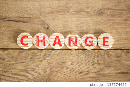Change symbol. Concept word Change on beautiful wooden circles. Beautiful wooden background. Business change concept. Copy space. Change symbol. Concept word Change on beautiful wooden circles. Beautiful wooden background. Business change concept. Copy space. 137574425