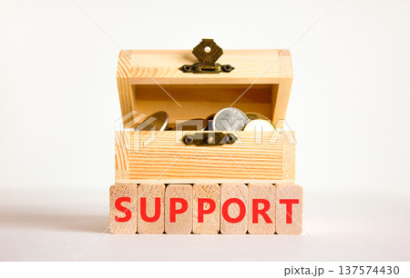Support help word symbol. Concept word Support on beautiful wooden blocks. Beautiful white background. Beautiful wooden chest with coins. Business support help word concept. Copy space. 137574430