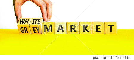 Grey or white market symbol. Concept words Grey market or White market on beautiful wooden blocks. Beautiful white background. Businessman hand. Business grey or white market concept. Copy space. Grey or white market symbol. Concept words Grey market or White market on beautiful wooden blocks. Beautiful white background. Businessman hand. Business grey or white market concept. Copy space. 137574439