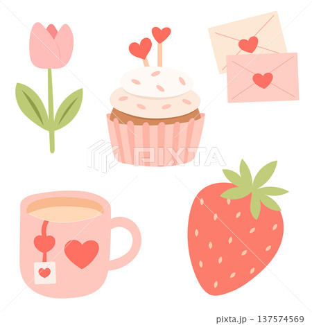 Romantic love set with sweet cupcake, fresh strawberry, tulip flower and heart envelope 137574569