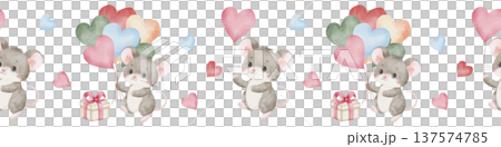 Seamless watercolor border featuring cute mice with heart balloons and gift boxes, perfect for baby shower invitations, Valentine's Day cards, and nursery decor patterns. White background. 137574785