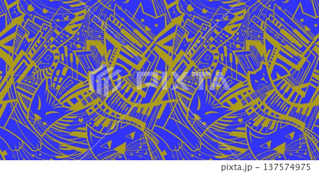 Print Seamless abstract pattern with a musical themed design of keys, strings, and cats for textiles and design Print Seamless abstract pattern with a musical themed design of keys, strings, and cats for textiles and design 137574975