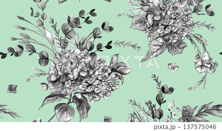 Seamless botanical black and white pattern with hydrangea flowers drawn in pencil and watercolor Seamless botanical black and white pattern with hydrangea flowers drawn in pencil and watercolor 137575046