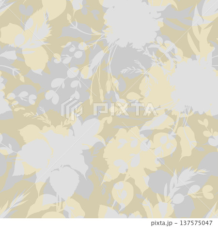 Seamless pattern with floral silhouettes and herbs in beige and gray shades 137575047