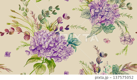 Vintage seamless pattern with purple hydrangea flowers drawn in pencil Vintage seamless pattern with purple hydrangea flowers drawn in pencil 137575052