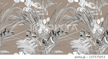 Seamless watercolor pattern with dried flowers and tropical leaves, hand-drawn for textiles Seamless watercolor pattern with dried flowers and tropical leaves, hand-drawn for textiles 137575053