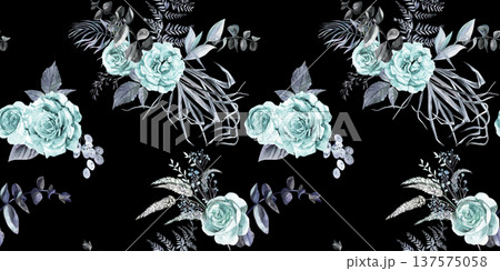 Seamless botanical watercolor pattern with blue roses and dried herbs on black Seamless botanical watercolor pattern with blue roses and dried herbs on black 137575058
