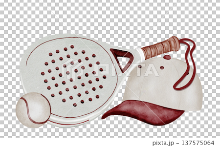 Padel tennis racket, cap and ball watercolor illustration. Clip art of sports equipment. Racket backpack. Ideal for brochures, banners, and booklets for squash or badminton. Padel tennis racket, cap and ball watercolor illustration. Clip art of sports equipment. Racket backpack. Ideal for brochures, banners, and booklets for squash or badminton. 137575064