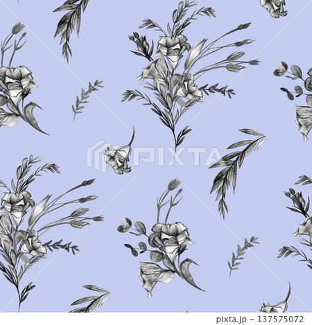 Black and white monochrome pattern with eustoma flowers drawn on a lilac background Black and white monochrome pattern with eustoma flowers drawn on a lilac background 137575072