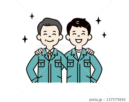 笑顔で肩を組む、作業服を着た2人の男性・技術者・施工管理者の上半身ベクターイラスト素材 137575692