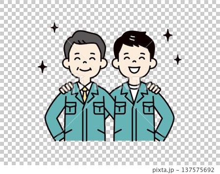 笑顔で肩を組む、作業服を着た2人の男性・技術者・施工管理者の上半身ベクターイラスト素材 137575692