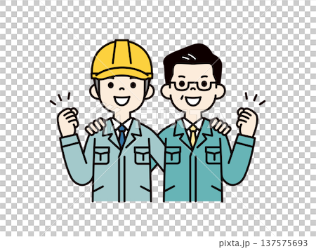團隊合作，一名戴著安全帽的年輕工人與一名經理共同合作，上半身向量圖 137575693