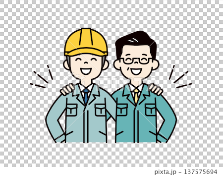 A vector illustration of a construction site supervisor wearing a helmet and a construction company president standing together on each other's shoulders 137575694