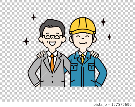 一位商人和一位身著工作服的男員工高興地互相摟著肩膀，上半身向量圖 137575696