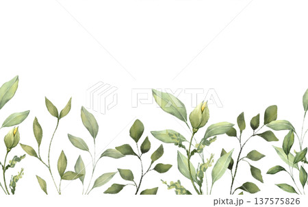 Seamless horizontal border with green leaves and buds in a hand drawn illustration. Suitable for wedding invitations, textile prints, washi tape and floral packaging design. Seamless horizontal border with green leaves and buds in a hand drawn illustration. Suitable for wedding invitations, textile prints, washi tape and floral packaging design. 137575826