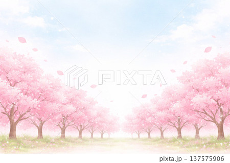 桜シリーズ：桜並木の遠景と広大な空の背景素材 137575906