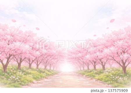 桜シリーズ：桜トンネルの入口と上部余白の背景素材 137575909