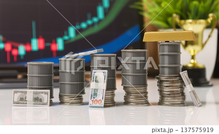 Oil Barrels, Cash and Gold Bar with Rising Energy Market Trend Oil Barrels, Cash and Gold Bar with Rising Energy Market Trend 137575919