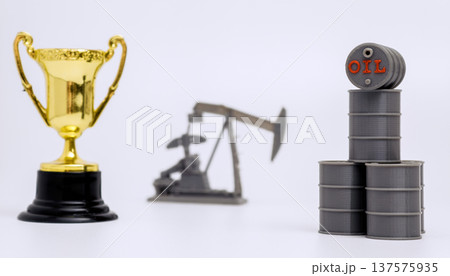 Trophy, Oil Barrels and Pumpjack Success Energy Concept 137575935