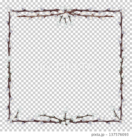 Willow branches frame. Botanical watercolor square empty template of spring renewal and Easter celebration isolated on white background. Perfect for wedding, invitations, cards and seasonal design 137576093