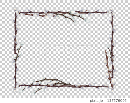 Willow branches frame. Botanical watercolor horizontal empty template of spring renewal and Easter celebration isolated on white background. Perfect for wedding, invitations, cards and seasonal design Willow branches frame. Botanical watercolor horizontal empty template of spring renewal and Easter celebration isolated on white background. Perfect for wedding, invitations, cards and seasonal design 137576095