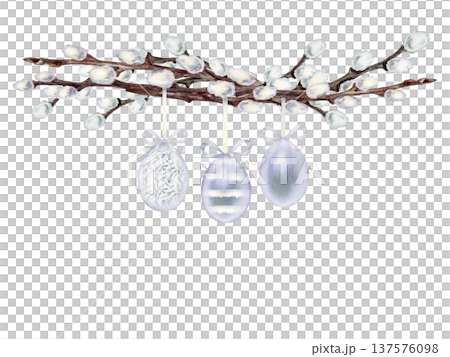 Easter clipart with willow branches, decorated eggs. Botanical watercolor border of spring renewal and Easter celebration isolated on white background for invitations, cards and seasonal design 137576098