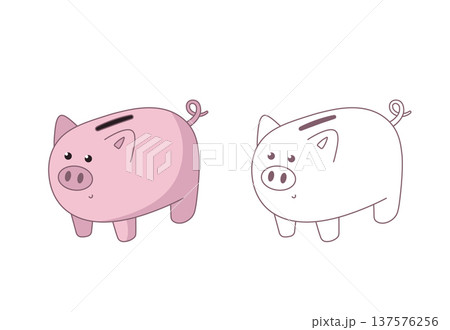 Piggy bank pig illustration set with colored version and outline line art isolated 137576256