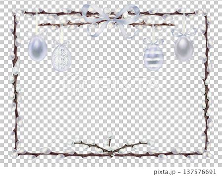 Easter frame with willow branches, decorated eggs. Botanical watercolor blank template of spring renewal and Easter celebration isolated on white background for invitations, cards and seasonal design 137576691