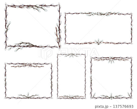 Frame set of willow branches. Watercolor blank template dedicated to spring renewal and the Easter holiday, isolated on a white background. Perfect for weddings, invitations, cards, seasonal designs. Frame set of willow branches. Watercolor blank template dedicated to spring renewal and the Easter holiday, isolated on a white background. Perfect for weddings, invitations, cards, seasonal designs. 137576693