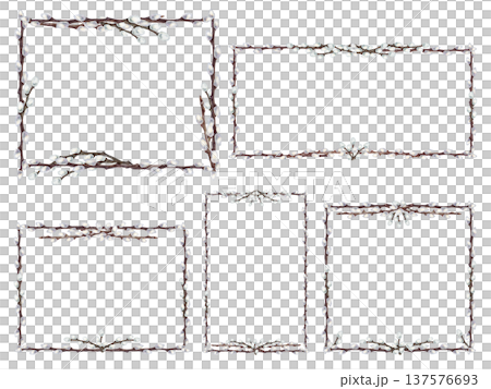 Frame set of willow branches. Watercolor blank template dedicated to spring renewal and the Easter holiday, isolated on a white background. Perfect for weddings, invitations, cards, seasonal designs. 137576693