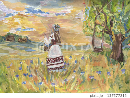 Gouache painting hand-made Belarusian girl in a national costume in a wheat field looking into the distance. Summer landscape with a yellow field, a clear sky, trees, and wooden houses. Gouache painting hand-made Belarusian girl in a national costume in a wheat field looking into the distance. Summer landscape with a yellow field, a clear sky, trees, and wooden houses. 137577213