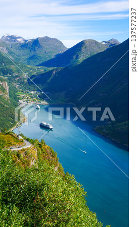 Fjord Geirangerfjord with ferry boat, Norway. Fjord Geirangerfjord with ferry boat, Norway. 137577237