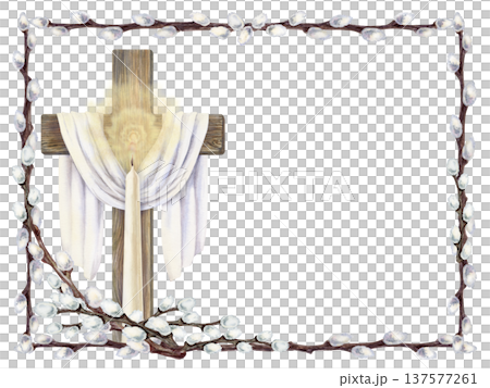 Watercolor frame with wooden Christian cross, white cloth, burning candle, willow branches. Religious Easter clipart with candle light, soft golden glow on white background. Symbol of resurrection 137577261